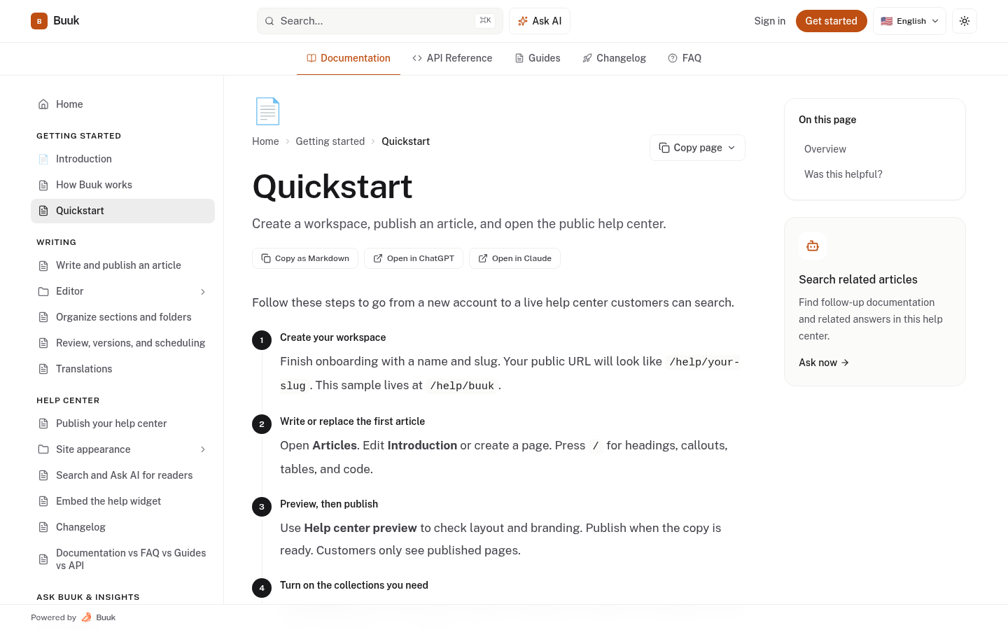 A published Quickstart article with numbered steps, the collection tabs, search, and Ask AI.