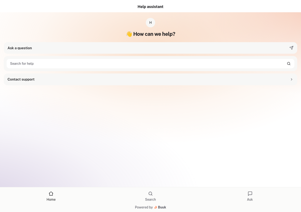 The Buuk help widget: ask a question, search articles, contact support, and switch between Home, Search, and Ask.