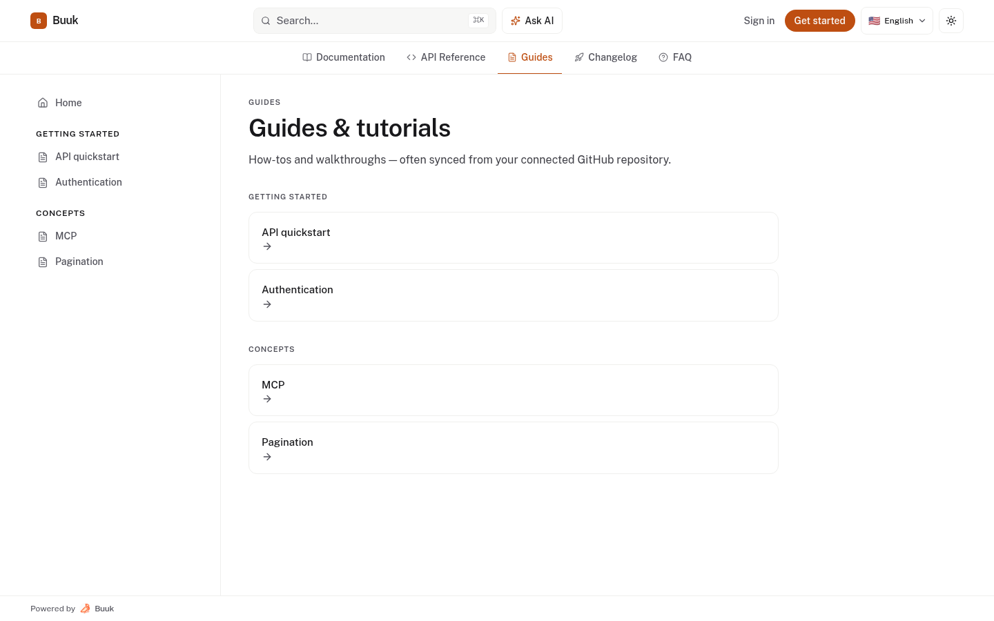 The Guides collection: developer walkthroughs grouped under Getting started and Concepts.
