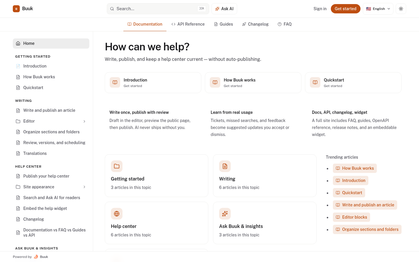 Buuk help center home, with Documentation, API Reference, Guides, Changelog, and FAQ in the header, plus search and Ask AI.